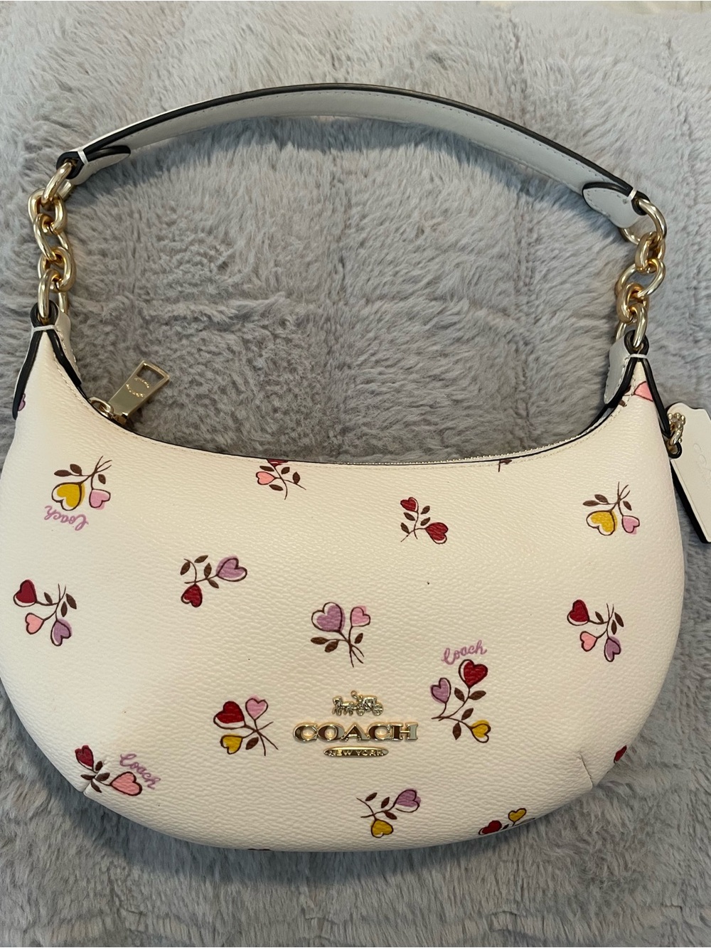 Coach Mini Payton White Leather Shoulder Bag with Multicolor Heart Flowers
